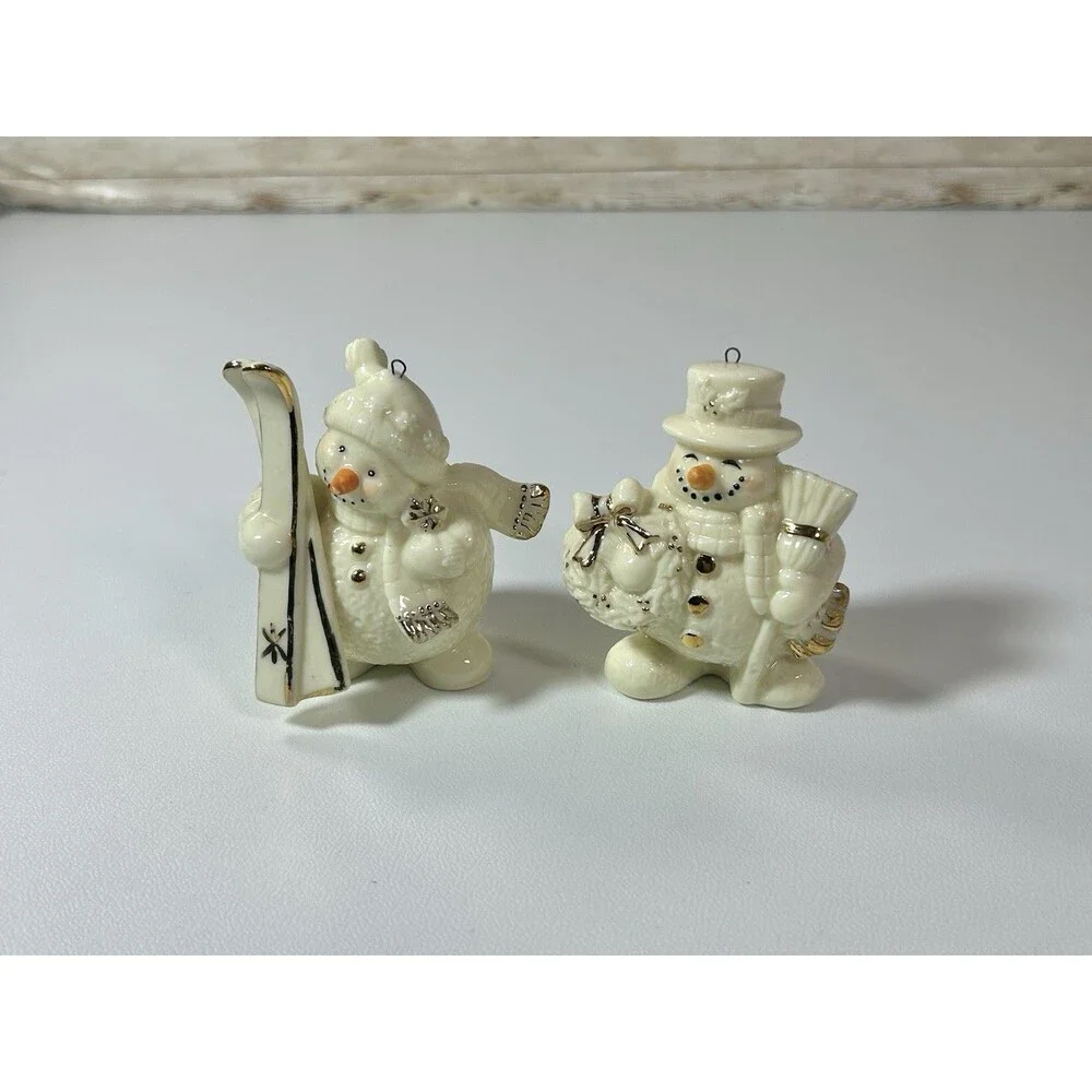 Vtg Porcelain Jade Snowman Ornaments Set Of 2 Ski Broom White Gold Color Accent